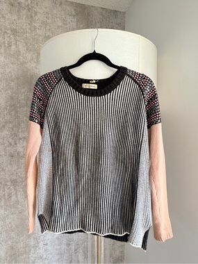 Jazmin Chebar exclusive Mixed-Pattern Crewneck Sweater in Black, White & Nude